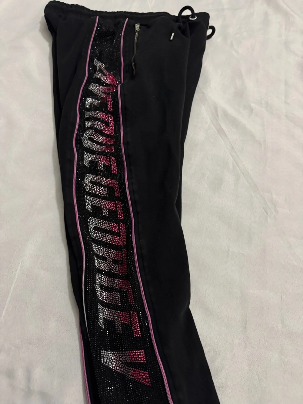 Avenue George V Paris Pink & Silver Rhinestone Jogger Sweatpants Bling Size L - Picture 11 of 14